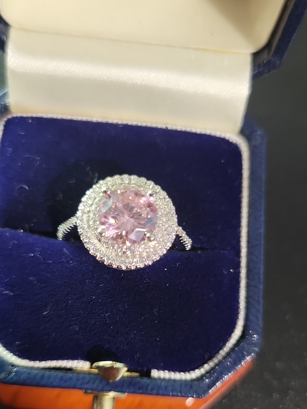 Pink Halo Round CZ Ring in Silver